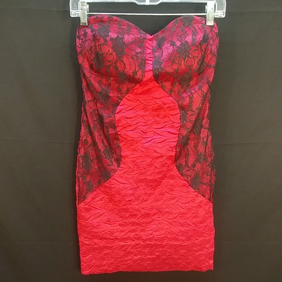 Daisy Hot Pink w/ Black Lace Bodycon Mini Dress. Evening Dance Cocktail - Picture 2 of 8